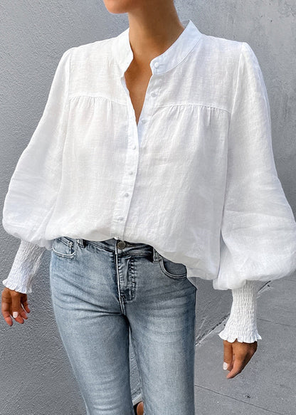 Natural White V Neck Cotton Shirt Top Lantern Sleeve
