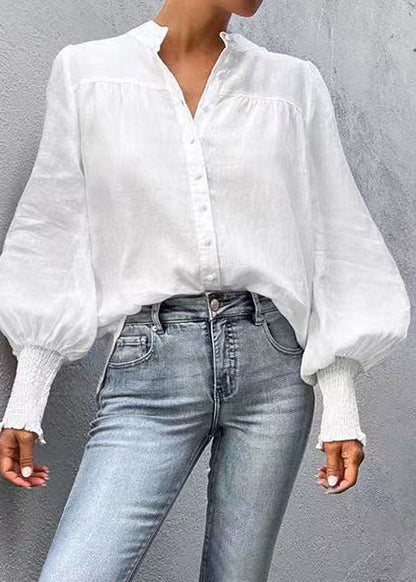 Natural White V Neck Cotton Shirt Top Lantern Sleeve