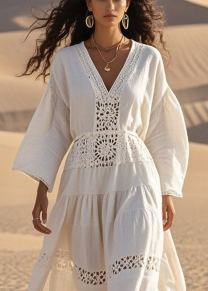 Natural White V Neck Hollow Out Cotton Maxi Dresses Spring
