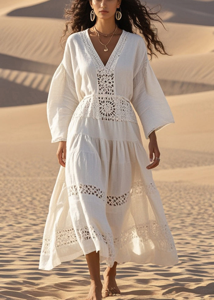 Natural White V Neck Hollow Out Cotton Maxi Dresses Spring