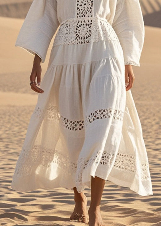 Natural White V Neck Hollow Out Cotton Maxi Dresses Spring