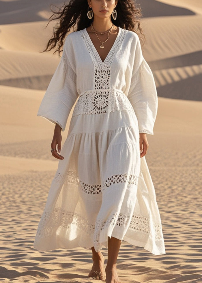 Natural White V Neck Hollow Out Cotton Maxi Dresses Spring
