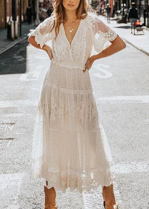 Natural White V Neck Jacquard Lace Robe Dresses Summer