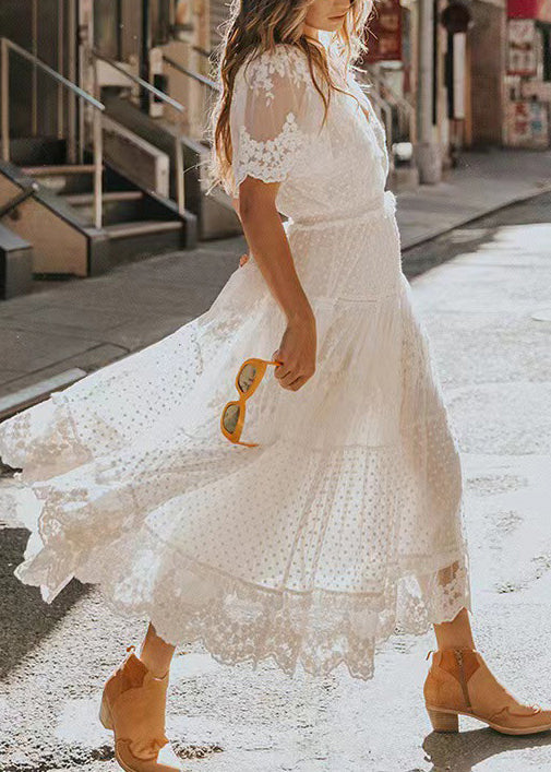 Natural White V Neck Jacquard Lace Robe Dresses Summer