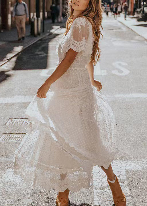 Natural White V Neck Jacquard Lace Robe Dresses Summer