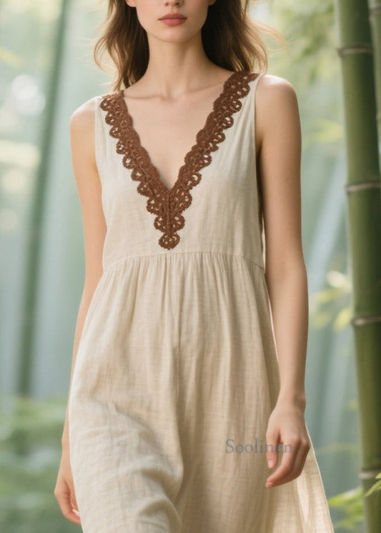 Natural White V Neck Lace Patchwork Linen Straight Dress Sleeveless