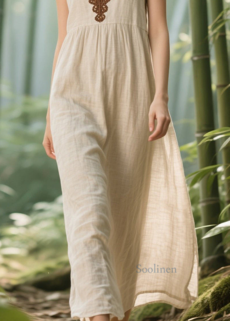 Natural White V Neck Lace Patchwork Linen Straight Dress Sleeveless