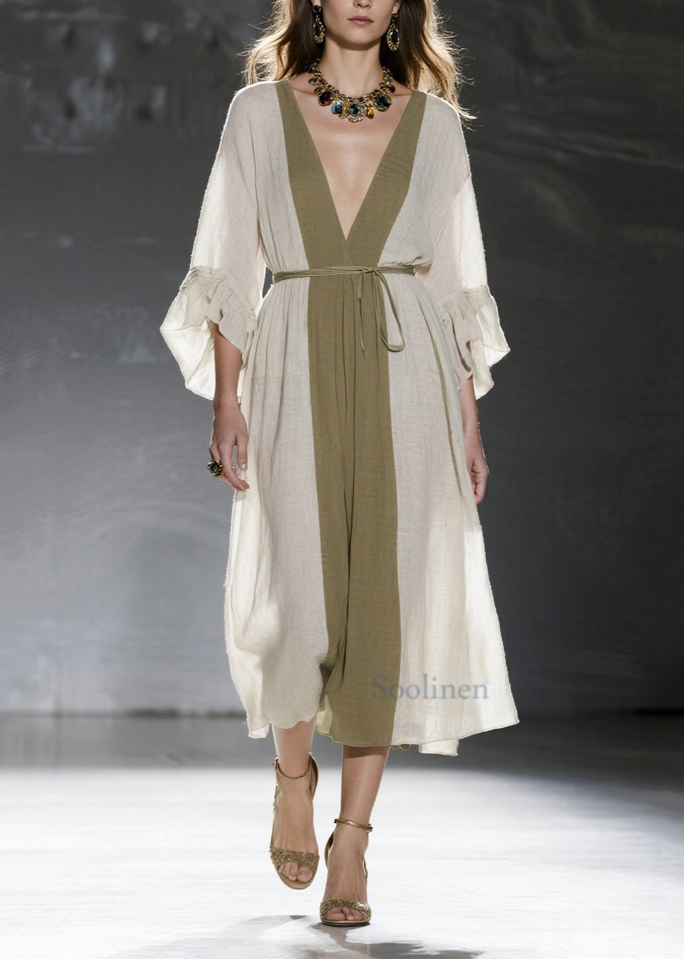 Natural White V Neck Patchwork Cotton Tunic Dresses Summer