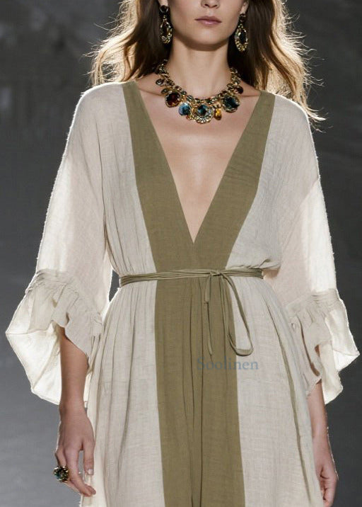 Natural White V Neck Patchwork Cotton Tunic Dresses Summer