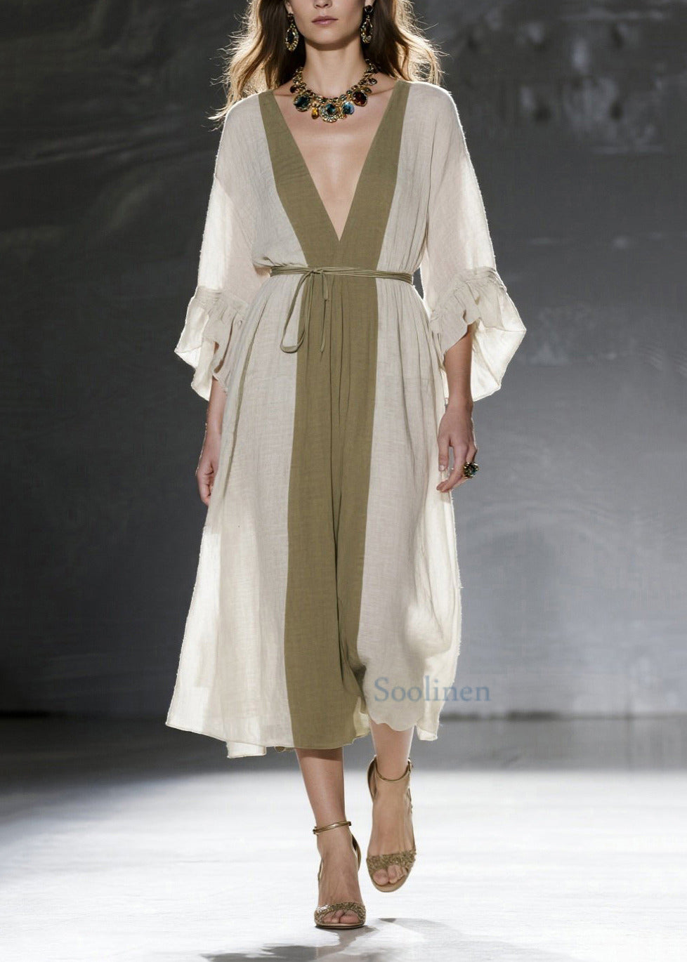 Natural White V Neck Patchwork Cotton Tunic Dresses Summer