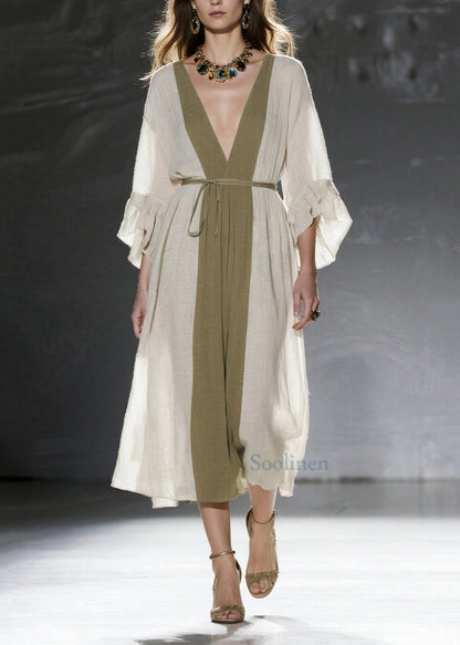 Natural White V Neck Patchwork Cotton Tunic Dresses Summer