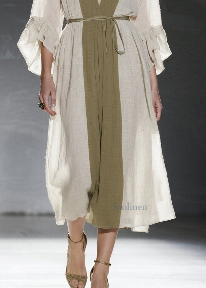 Natural White V Neck Patchwork Cotton Tunic Dresses Summer