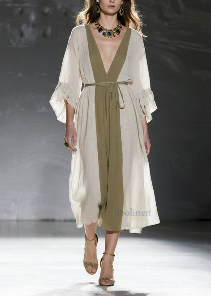 Natural White V Neck Patchwork Cotton Tunic Dresses Summer