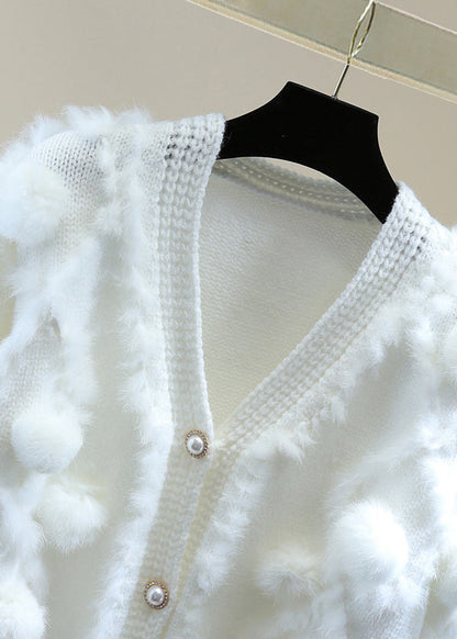 Natural White V Neck Thick Cotton Knit Sweater Winter