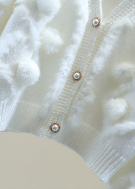 Natural White V Neck Thick Cotton Knit Sweater Winter