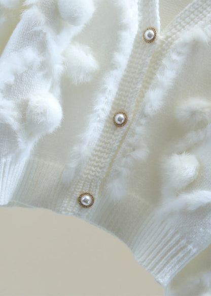 Natural White V Neck Thick Cotton Knit Sweater Winter