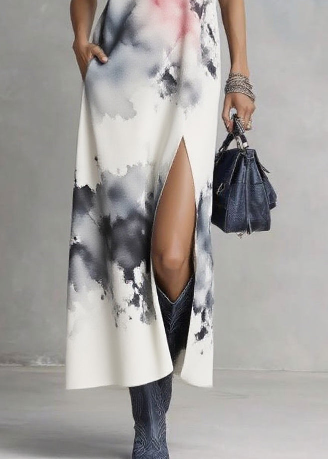 Natural White V Neck Tie Dye Maxi Dress Summer