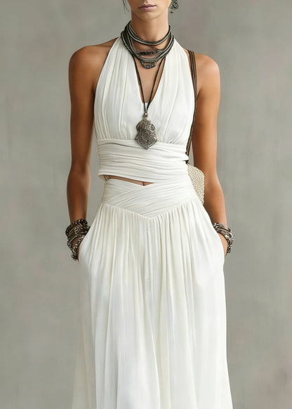 Natural White V Neck Wrinkled Top And Maxi Skirts Two Pieces Set Summer