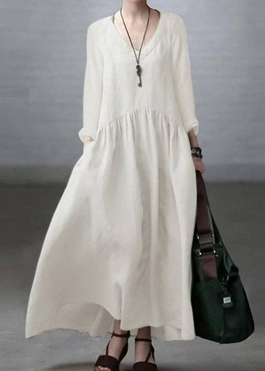 Natural White Wrinkled Patchwork Maxi Dress Long Sleeve