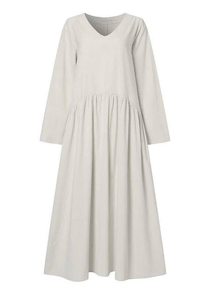 Natural White Wrinkled Patchwork Maxi Dress Long Sleeve