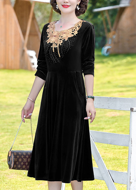 Natural Wine Red O-Neck Floral Patchwork Silk Velour Long Dress Fall