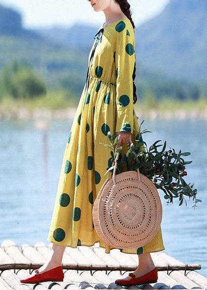 Natural Yellow Dotted Tunic Dress O Neck Pockets Art Dress - SooLinen