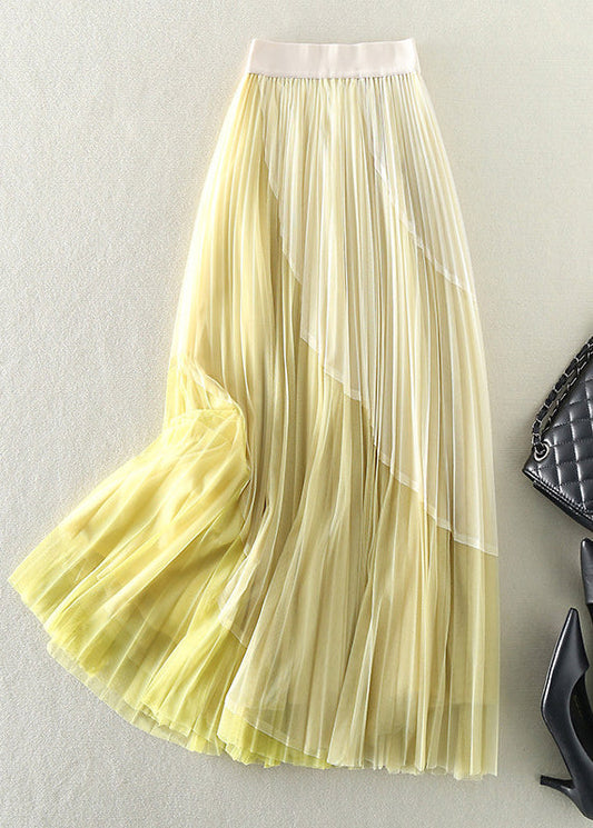 Natural Yellow Elastic Waist Patchwork Tulle Pleated Skirts Spring