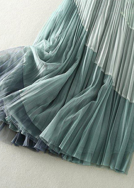 Natural Yellow Elastic Waist Patchwork Tulle Pleated Skirts Spring