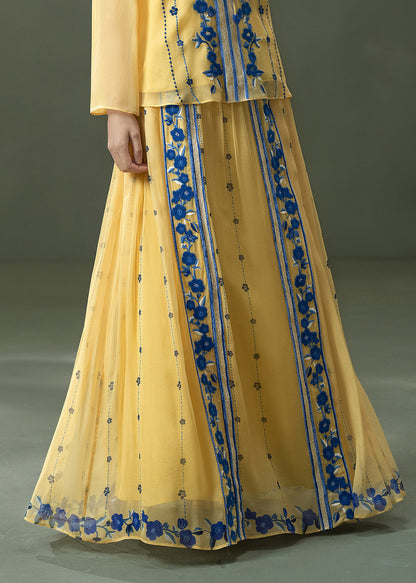 Natural Yellow Embroidered Print Exra Large Hem Silk Skirt Summer
