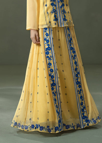 Natural Yellow Embroidered Print Exra Large Hem Silk Skirt Summer