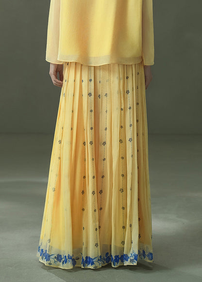 Natural Yellow Embroidered Print Exra Large Hem Silk Skirt Summer