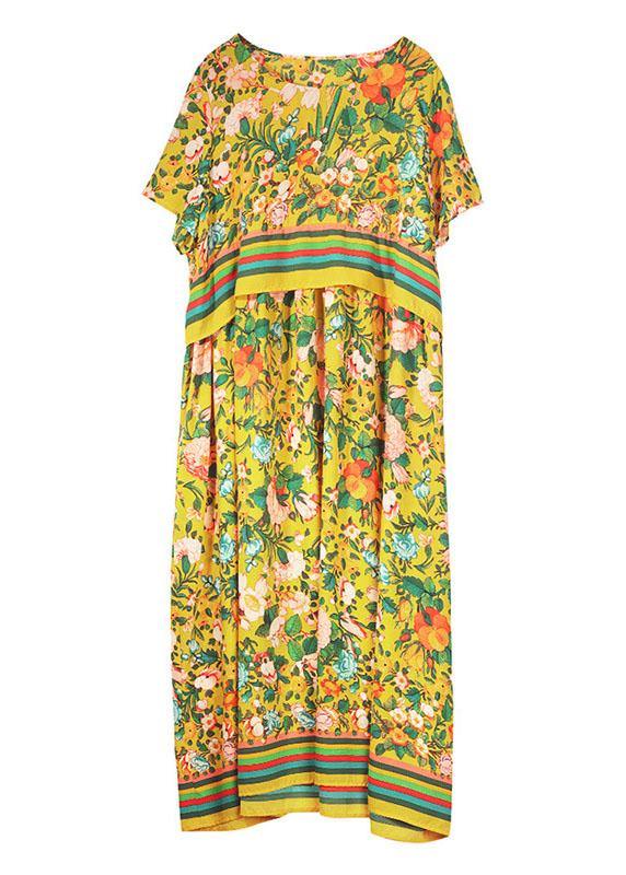 Natural Yellow Loose O-Neck Print Summer Robe Dresses Half Sleeve - SooLinen