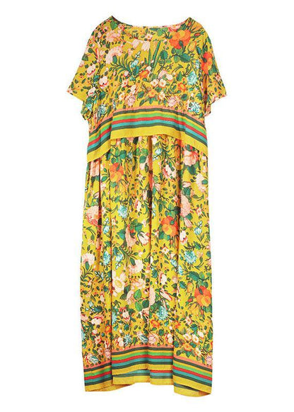 Natural Yellow Loose O-Neck Print Summer Robe Dresses Half Sleeve - SooLinen
