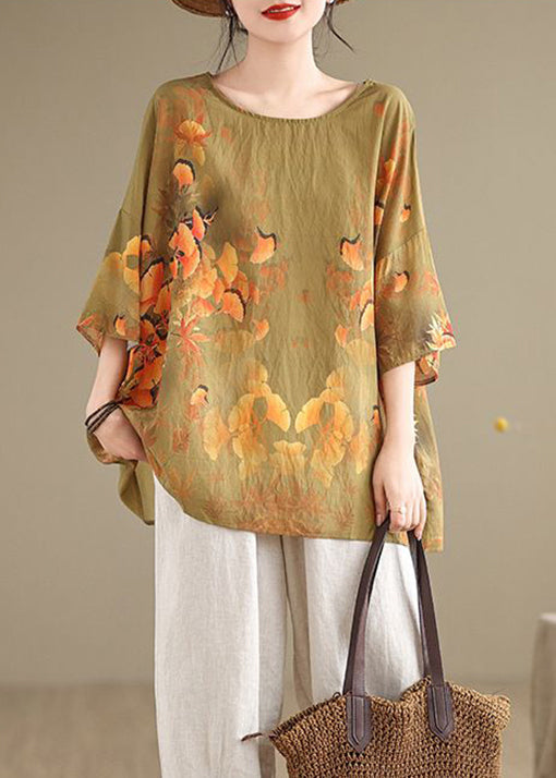 Natural Yellow O Neck Print Cotton T Shirt Summer