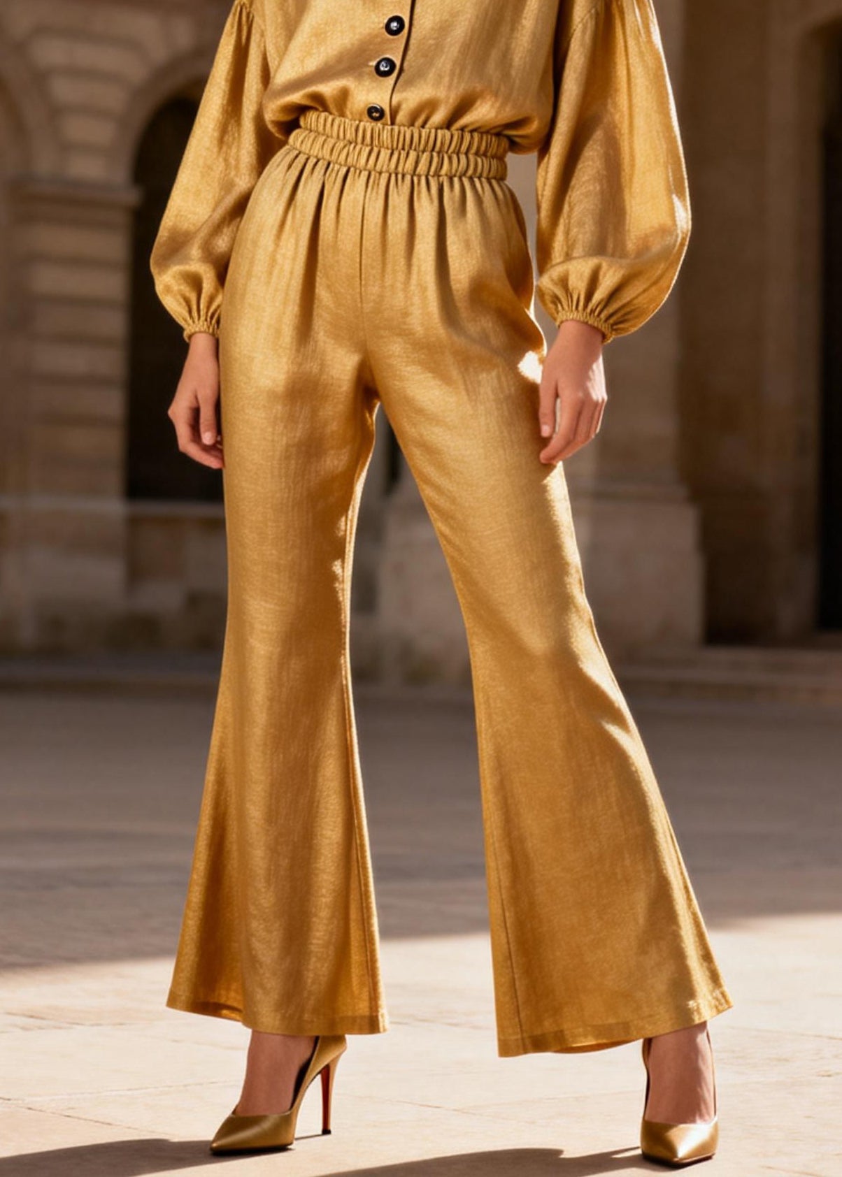 Natural Yellow Patchwork Button Shirts And Flared Trousers Two Pieces Set Lantern Sleeve