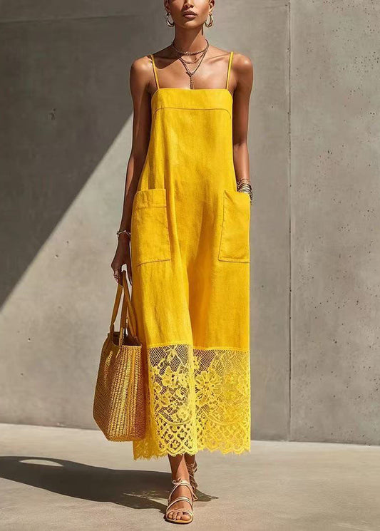 Natural Yellow Pockets Patchwork Lace Spaghetti Strap Dress Summer