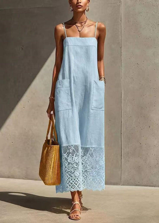 Natural Yellow Pockets Patchwork Lace Spaghetti Strap Dress Summer