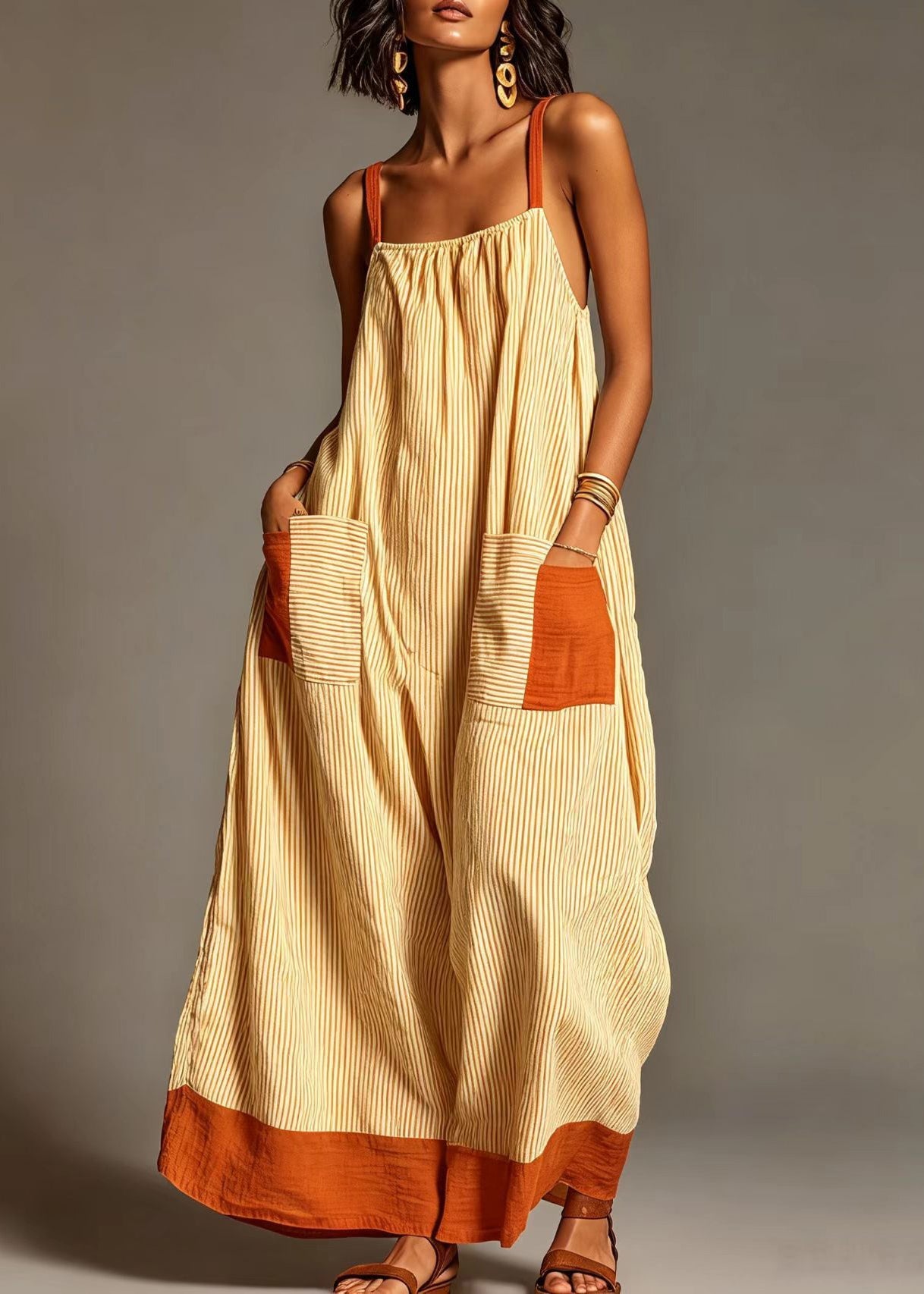 Natural Yellow Striped Pockets Cotton Maxi Dresses Summer