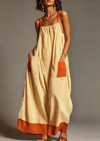 Natural Yellow Striped Pockets Cotton Maxi Dresses Summer