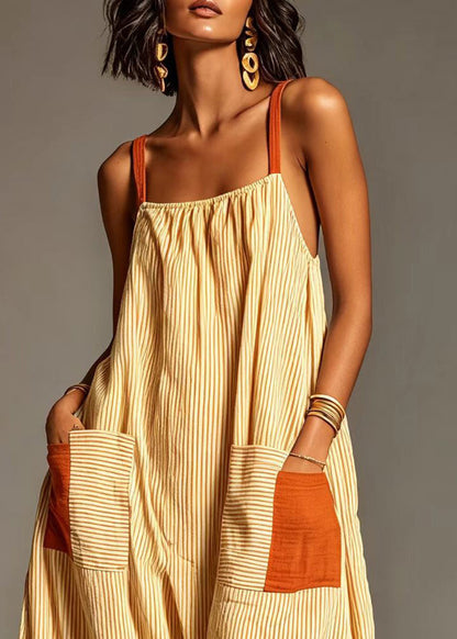 Natural Yellow Striped Pockets Cotton Maxi Dresses Summer