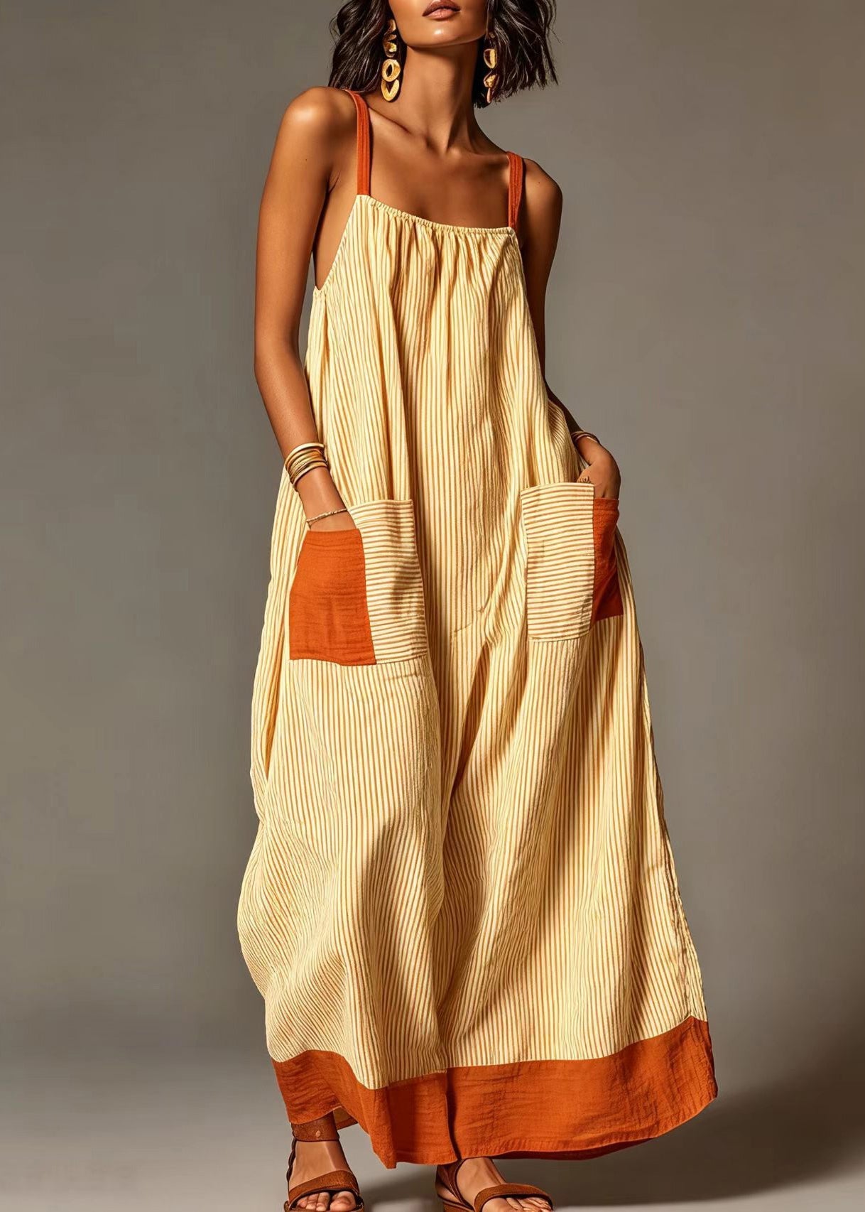 Natural Yellow Striped Pockets Cotton Maxi Dresses Summer