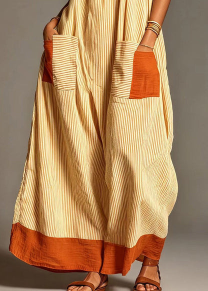 Natural Yellow Striped Pockets Cotton Maxi Dresses Summer
