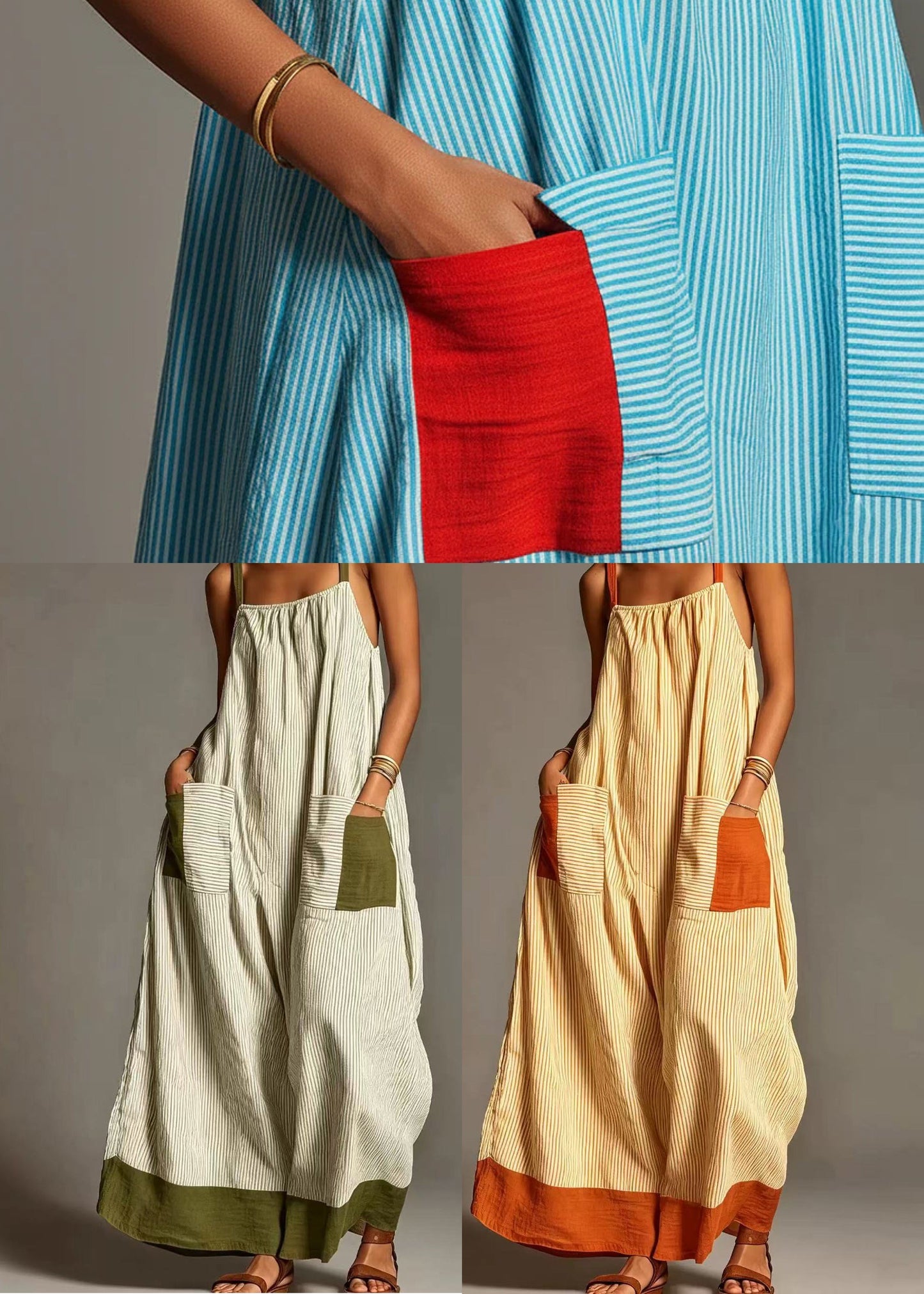 Natural Yellow Striped Pockets Cotton Maxi Dresses Summer