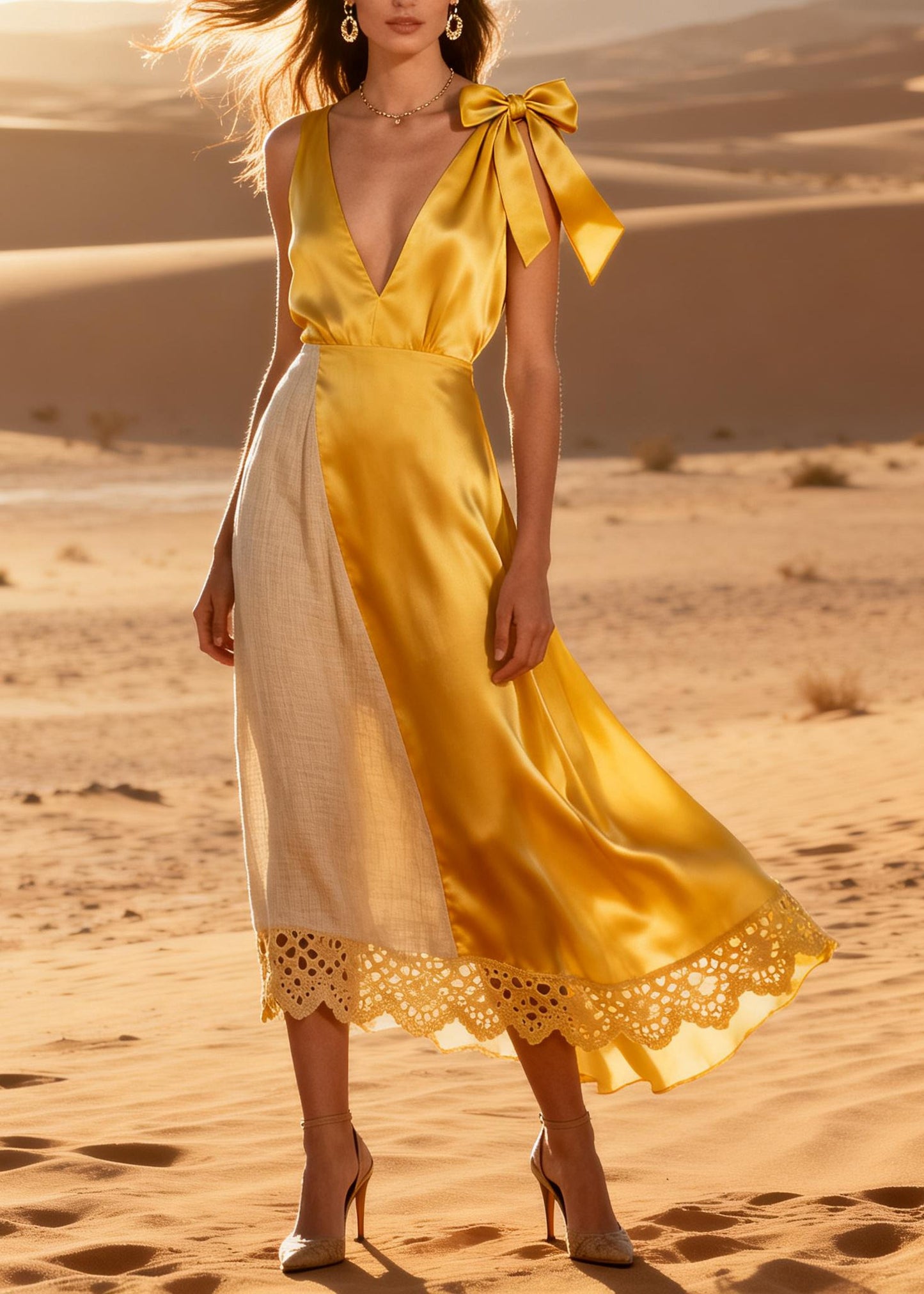 Natural Yellow V Neck Patchwork Bow Silk Maxi Dresses Summer