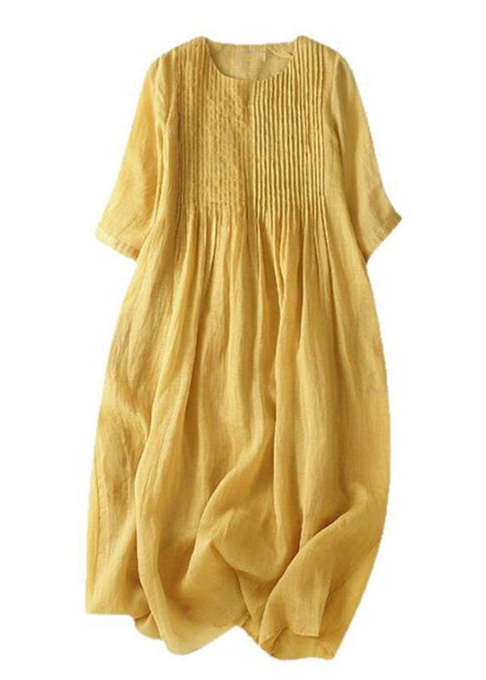 Natural Yellow Wrinkled Patchwork Long Dress Short Sleeve