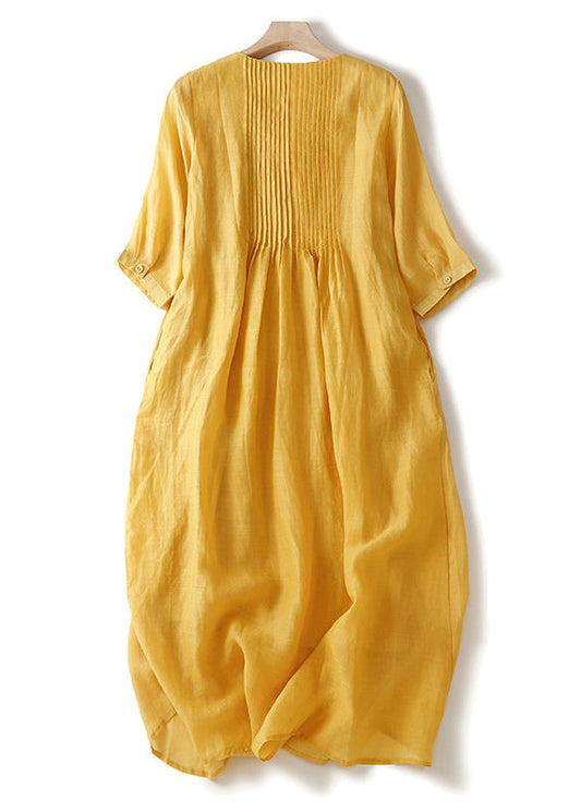Natural Yellow Wrinkled Patchwork Long Dress Short Sleeve
