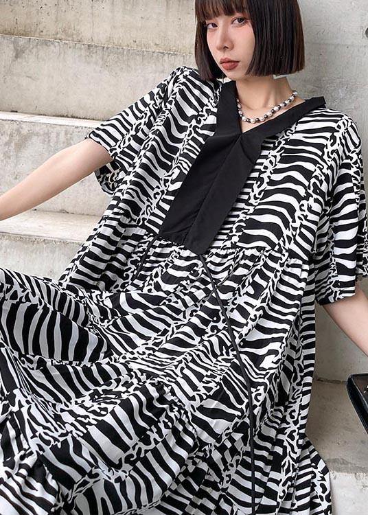 Natural Zebra pattern V Neck Cotton asymmetrical design Summer Maxi Dress - SooLinen