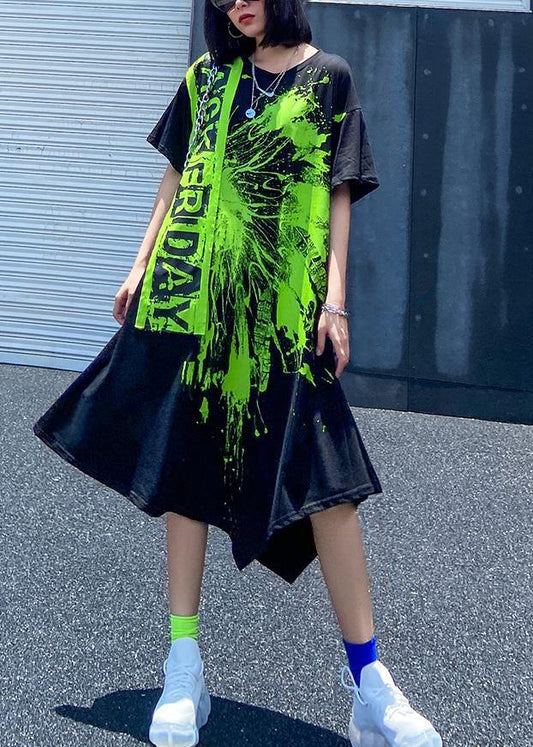 Natural asymmetric hem cotton printsclothes Inspiration black summer Art Dress - SooLinen