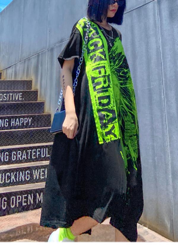 Natural asymmetric hem cotton printsclothes Inspiration black summer Art Dress - SooLinen