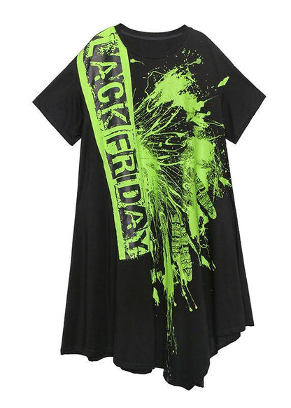 Natural asymmetric hem cotton printsclothes Inspiration black summer Art Dress - SooLinen